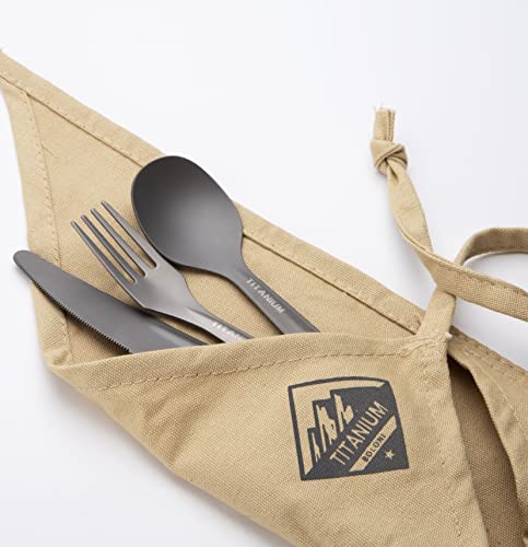 Titan Besteckset für Camping, 3-teiliges Titan Besteck mit Karabiner