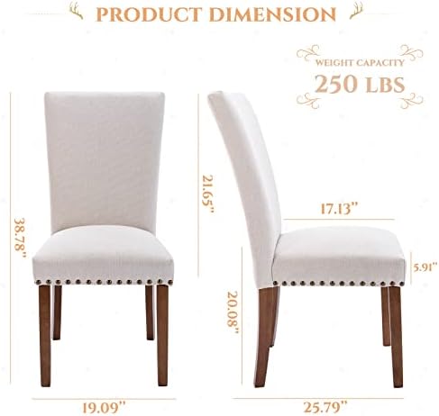 Parsons Dining Chairs Set of 4, Upholstered Fabric Dining Room Kitchen Side Chair with Nailhead Trim and Wood Legs - Beige