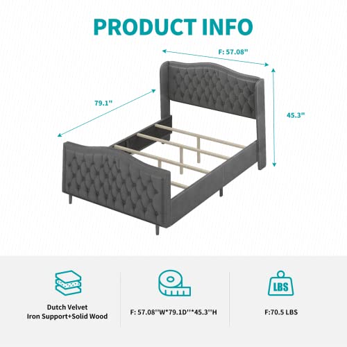 Balus Full Wingback Bed Frame With Headboard,Upholstered Platform Bed Frame Dutch Velvet Upholstered Bed，Modern Design，Available In 3 Sizes And 3 Colors Panel Bed Frame (Dark Gray) #TOP1