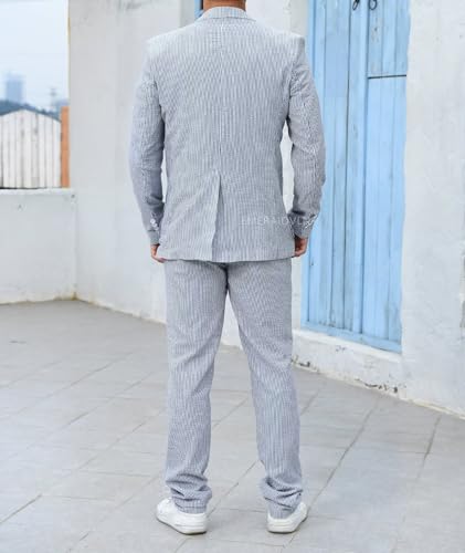 EMERAIDVLN Seersucker Suit Mens 2 Piece Regular Fit Beach Wedding Casual Prom Summer Wear Striped Blazer and Pants3