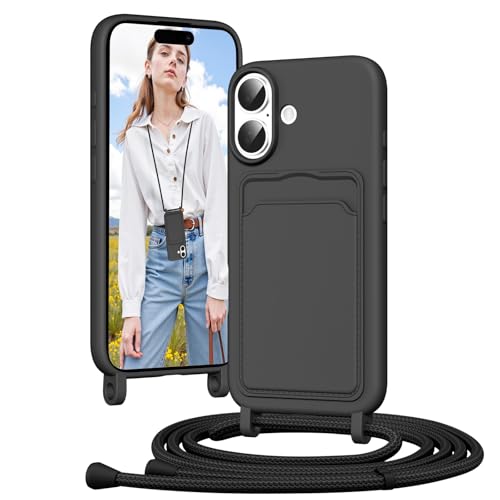 Vauki Coque pour iPhone 16 avec Cordon, Collier pour Étui en Silicone avec Cartes Tour de Cou Lanière Corde, Portable, Réglable, Amovible, Antichoc Bumper...