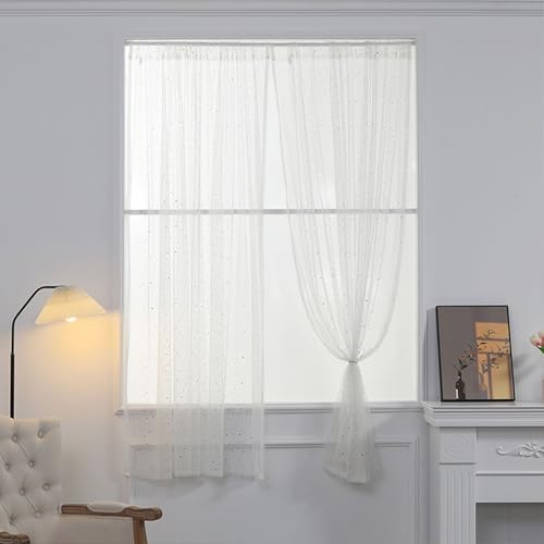 Homxi Cortina Ventana Semitranslucida 2 Paneles,2 x 150W x 150H CM,Cortinas de Patrón de Luna y Estrella Blanco Cortinas Dormitorio Bolsillo