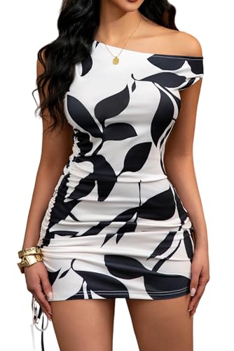 Image of ABMOIU Women's Off Shoulder Print Ruched Bodycon Mini Dress for Party Club | Asymmetric one-shoulder neckline with side drawstring, soft stretch fabric for date night, birthday, concert