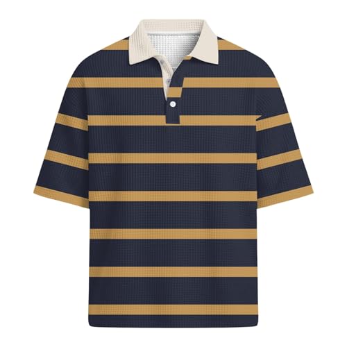 DGZTWLL Polo a rayas para hombre, manga corta, color verde azulado y marrón, contraste, bloque de color, casual, mezcla de algodón, ajuste clásico, camiseta deportiva de verano, naranja, 3XL