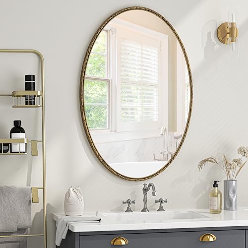 A ALFRESCOOL Iron Art - Specchio ovale retrò, effetto anticato, da appendere alla parete, adatto per bagno, camera da letto, camera da letto (oro)