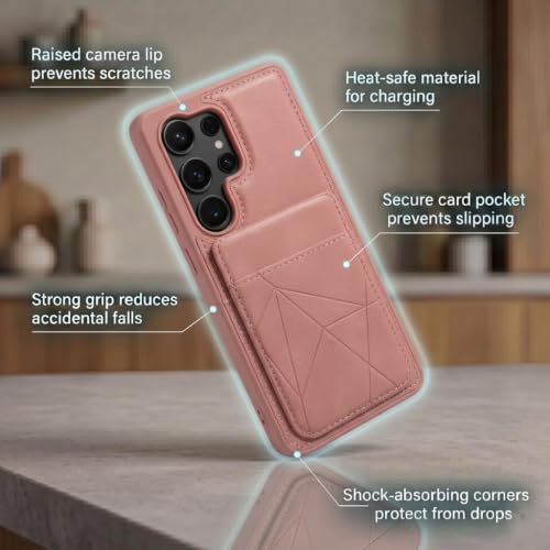 Image of amazon basics Premium Vegan Leather Back Cover with Card Holder and Integrated Mobile Stand for Samsung Galaxy S25 Ultra 5G - Slim Shockproof Wallet Case with Geometric Stitching [Pink]