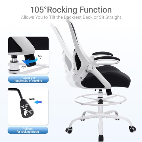 Image of HYLONE 400lbs Heavy Duty Drafting Chair 5 inch Thickened Seat Office Chair with Flip-Up Armrests Tall Ergonomic Computer Chair with Lumbar Support and Adjustable Footrest Ring Standing Desk Chair (Black)