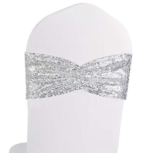 Eternal Beauty 25 Stück Pailletten Stuhlbänder Schleifen Silber Stuhl Schärpen für Bankett Stuhl Hochzeit Party Dekorationen Cover