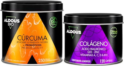 Cúrcuma con Jengibre, Pimienta Negra y PROBIÓTICOS + Colágeno Hidrolizado Puro - Fórmula Avanzada - Antiinflamatorio y Cuidado de la Piel - Colágeno para las Articulaciones Fuertes- Aldous