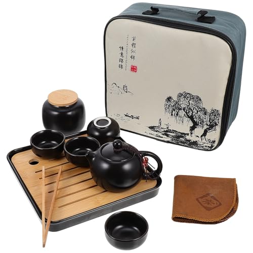 Imagen de NUOBESTY Juego de Té Kung Fu Portátil de Cerámica Negra 1 Tetera y 4 Tazas Incluye Bolsa de Viaje Compacta Adecuado para Uso al Aire Libre y Viajes Set de Vajilla para Té Tradicional
