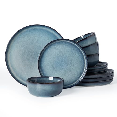 Image of Famiware Milkyway Stoneware Dinnerware Set, 12-Piece, Double Reactive Glaze, Plates and Bowls, Service for 4, Microwave and Dishwasher Safe, Scratch-Resistant, Dusty Blue