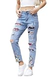 Womens Boyfriend Plaid Patch Ripped Denim Jeans with Hole Stretchy Skinny Flowers Denim Pants B Light Blue