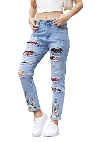 Womens Boyfriend Plaid Patch Ripped Denim Jeans with Hole Stretchy Skinny Flowers Denim Pants