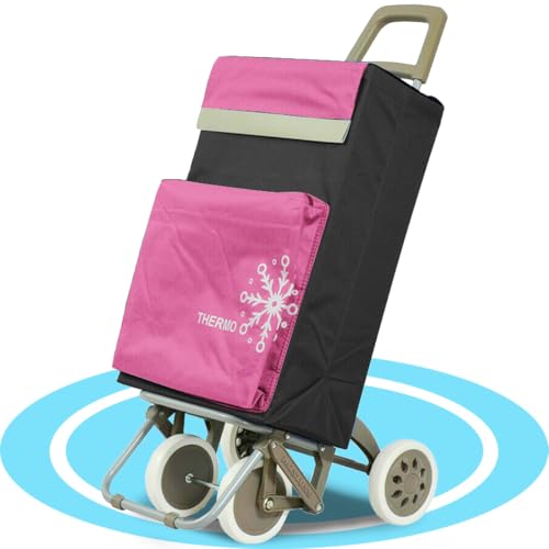 Dekohome Carro de la Compra con 2 Bolsillos Extra, Bolsillo Térmico para Congelados, Bolsillo Trasero con Cremallera, 4 Ruedas Estables, Gran Capacidad de 54L, Carga hasta 40Kg, 39x20x98cm, Rosa