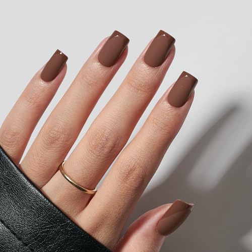 BTArtbox Press on Nails Short Square - Brown Nails with Glossy French Tips in A Matte Finish, Soft Gel Fake Nails Glue On Nails in 16 Sizes for Gift, Coffee Toffee