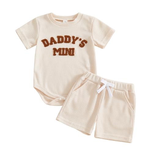 Image of Kupretty Baby Boy Clothes 3 6 12 18 Months Summer Outfit Daddy's Mini Embroidery Waffle Short Sleeve Romper & Shorts Set