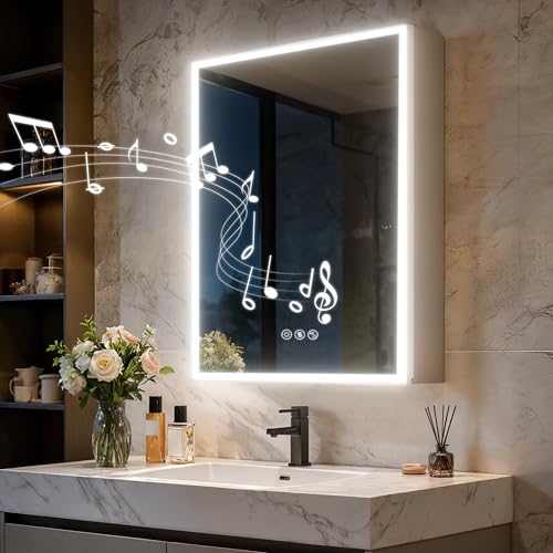 LUVODI Spiegelschrank Bad mit Beleuchtung, 50x70 cm LED Badezimmerschrank mit Bluetooth, Steckdose, Glasablage, 3 Touchschalter, 3 Lichtfarben dimmbar, beschlagfrei, linkes Scharnier, Aluminium