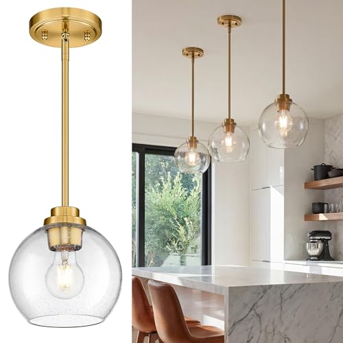 Image of Pendant Lights Kitchen Island, 7 inch Modern Brushed Gold Hanging Lights Fixtures with Clear Seeded Glass Globe Shade, Kitchen Island Lighting for Bathroom, AD-22280-1P-GD-S