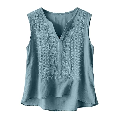 Blusa de lino con tirantes anchos para mujer, sin mangas, bordada mexicana, bohemia, casual, para actividades de verano, Verde tirando a negro, XXL