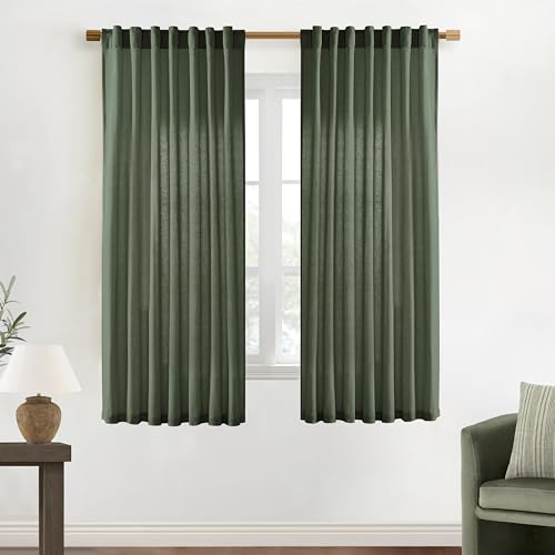 Image of XTMYI Olive Green Curtains 63 Inch Length for Living Room 2 Panels Set Back Tab Hooks Pleated Linen Blend Light Filtering Semi Sheer Curtain Drapes for Dining Room Bedroom Kitchen Bathroom Boho Decor
