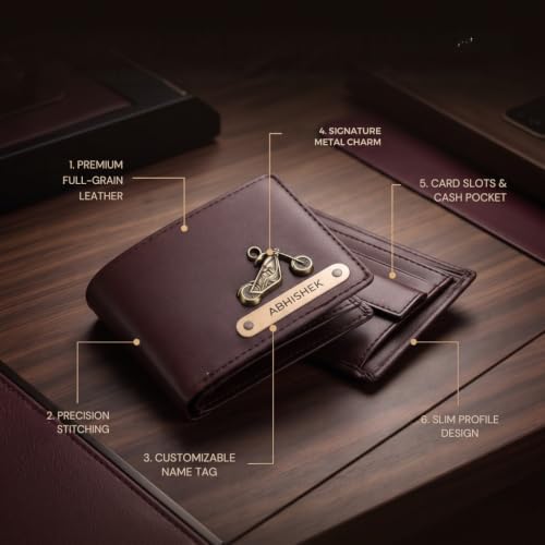 Image of Personalized Name & Charm Leather Wallet & Keychain (Dark Brown) Giftset for Men|Customized Birthday Anniversary Corporate Gift for Man|Gifts for Men|Secret Santa Gifts for Office Staff Dark Brown