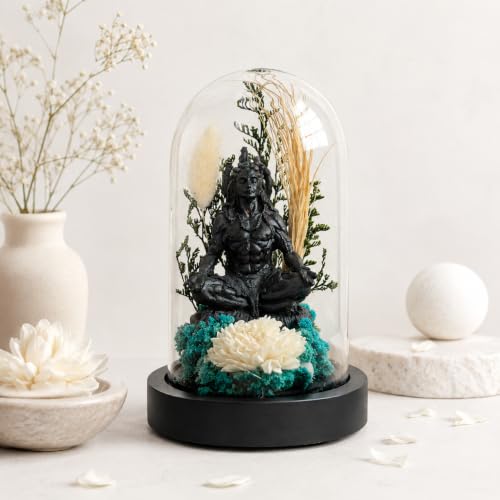 Image of eCraftIndia Lord Shiva Meditating Statue in Glass Dome for Home Decor | Decorative Shiv Idol with Preserved Flowers | Spiritual Showpiece for Living Room, Office, Temple & Gifting