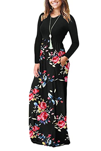 Image of AUSELILY Womens Long Sleeve Maxi Dress Casual Empire Waist with Pockets | Versatile year round long dress for spring, fall, winter, available in floral prints and solids