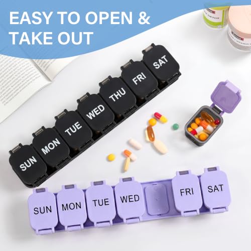 Image of Yaklim Extra Large Weekly Pill Organizer - Waterproof 7-Day Pill Box, Portable Vitamin & Supplement Case, Easy to Open Design, Ideal for Travel and Daily Medication Management (BlackPurple, 2 Packs)