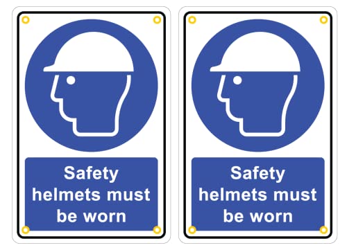 Image of Pack of 2 rigid plastic signs 300mm x 200mm x 3mm with rounded corners and eyelets - Safety helmets must be worn