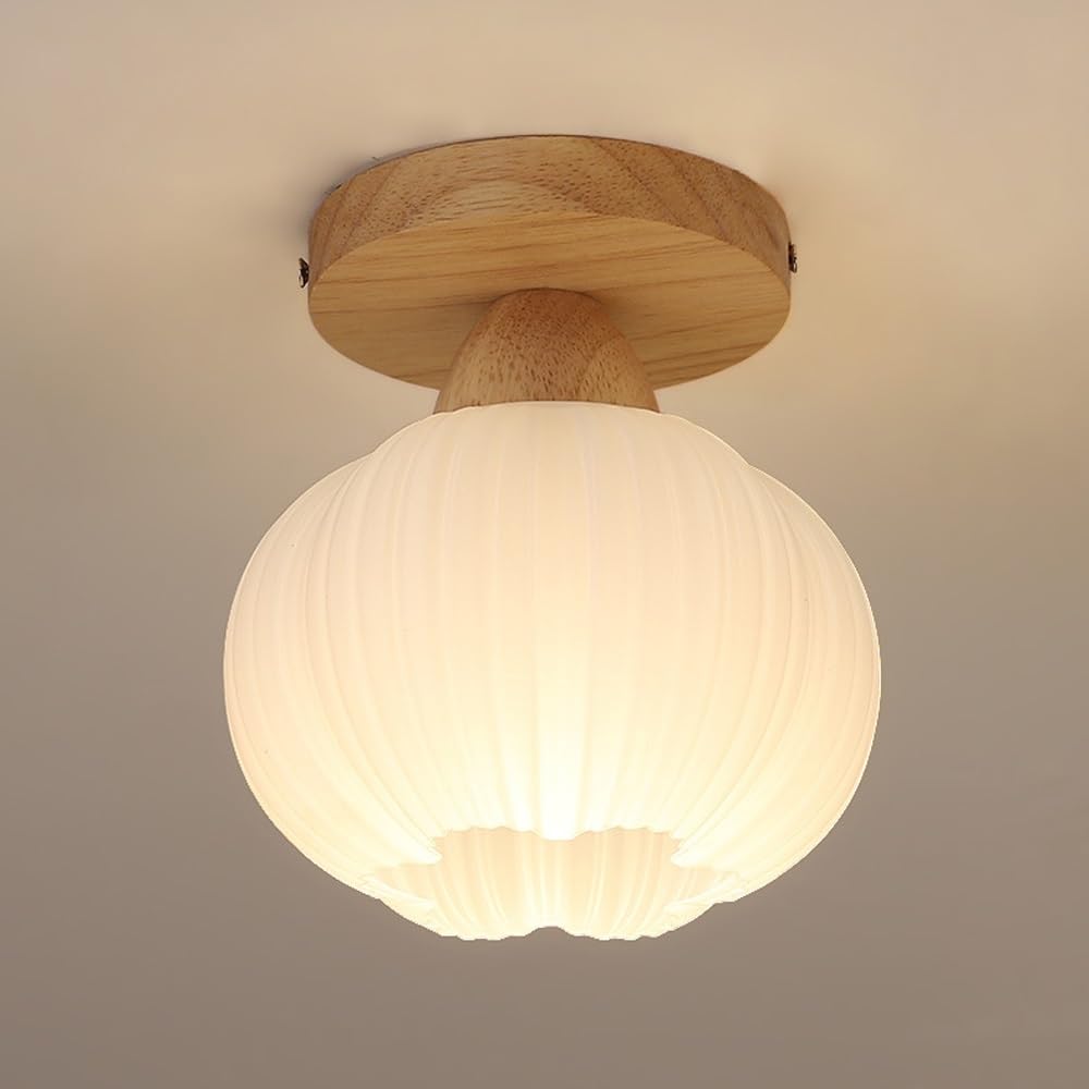 ITOSUI Wood Ceiling Light, Flush Mount Ceiling Lamp, Pumpkin Acrylic Fixture, Ribbed White Shade, Solid Walnut Wood Base, E26 Tri-Color, Nordic Style for Hallway, Aisle, Entryway(Natural Wood Color)