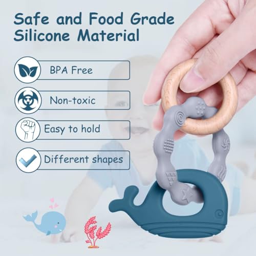 Vicloon Beißring Baby, Beißspielzeug Zahnungshilfe aus Silikon & Holz, BPA-frei, Waltierform, Zahnen Nursing Zubehör für ab 3 Monaten Babys, Mädchen Junge Geschenk (Wal-Blau)