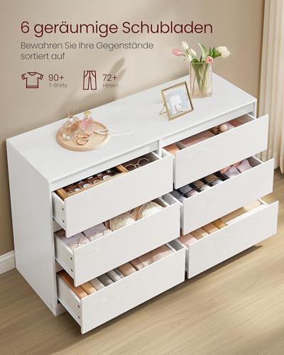 VASAGLE Kommode mit 6 Schubladen, Komodenschrank, Schubladenschrank, Wäschekommode, für Schlafzimmer, 40 x 119,4 x 75 cm, Modern Kailyn Kollektion, schneeweiß LTS616W01