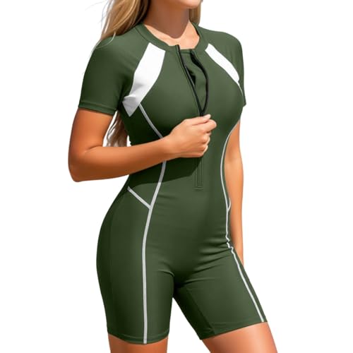 Traje de baño de con Cremallera Frontal, Manga Corta, Cintura Alta y en la Espalda. Escote en V Profundo