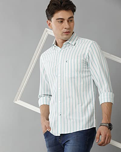Image of Cavallo by Linen Club Men's Cotton Linen Green Striped Slim Fit Full Sleeve Casual Shirt