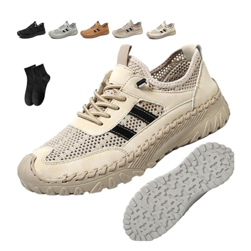 Zenfaze Orthopedic Shoes for Men, Men's Slip-On Orthopedic Leather Hiking Shoes Breathable Mesh Elastic Laces Non Slip Hiking Sneakers Arch Support