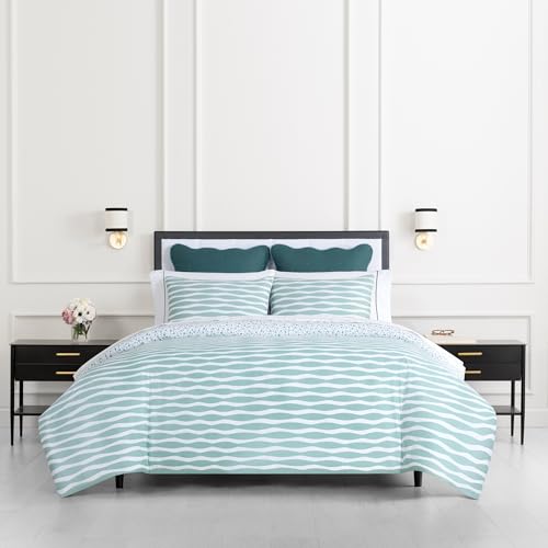 Image of kate spade new york Rhythmic Geo Full /Queen Comforter Set, 300 Thread Count Cotton Sateen Reversible Cover, All Season 3 Piece Bedding, Machine Washable, Blue Aqua Tourmaline