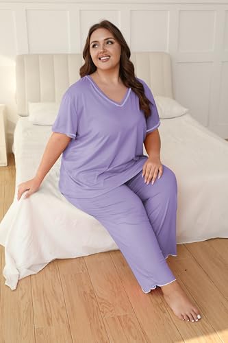 Image of Vozanet Women's Plus Size Pajama Sets Short Sleeve Long Pants Solid Color with Piping Trim Elegant Loungewear Cozy Sleepwear