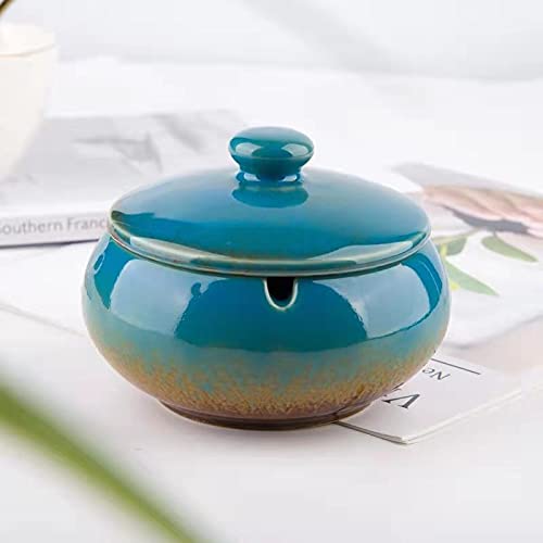 Ashtray, Ceramic Ashtray with Lids, Windproof, Cigarette Ashtray for Indoor or Outdoor Use, Handmade Ceramic Ashtray for Home Office Indoor Decoration, Ash Holder for Smokers (Blue)