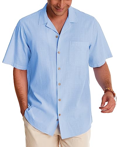 Image of Alimens & Gentle Mens Linen Shirts Cotton Hawaiian Shirts Short Sleeve Button Down Shirts Casual Summer Beach Tops