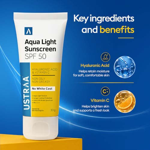 Image of Ustraa Aqua Light Sunscreen SPF 50 PA++++ for Men - 30g | No White Cast | Non-Oily & Non-Greasy Formula with Hyaluronic Acid & Vitamin C | UVA /UVB Protection