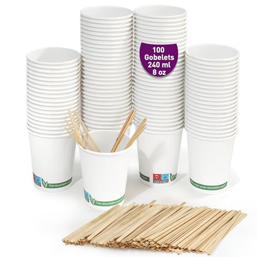 100 Gobelets Jetables pour Café 240 ml / 8 oz. Gobelets en Papier blanc à Usage unique, Avec Agitateurs en Bois, Idéales pour le Café et Boissons chaudes ou froides