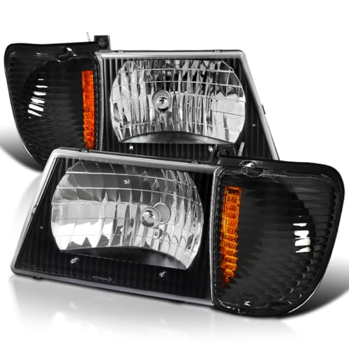 Spec-D Tuning Black Housing Clear Lens Headlights + Corner Lights Compatible with 1992-2006 Ford E150 E250 E350 E450 E550 Econoline Van L+R Pair Head Light Lamp Assembly