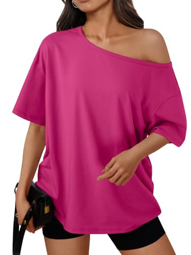 Image of Trendy Queen Womens Off the Shoulder Tops Oversized Summer T-Shirts 2026 | Breathable Strenchy Comfort Material Short Sleeve Basic Oversized Tees Casual Workout Gym Y2k Going Out Clothes
