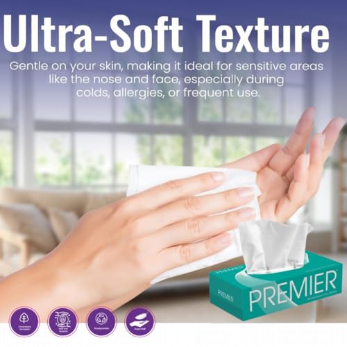 Image of Premier 2-Ply Box Face Tissue Papers - 100 Pulls per Box (Pack of 4, 400 Pulls, 800 Sheets) -Ultra Soft, Gentle & Highly Absorbent Facial Tissues for Home, Office, Car & Travel | Green