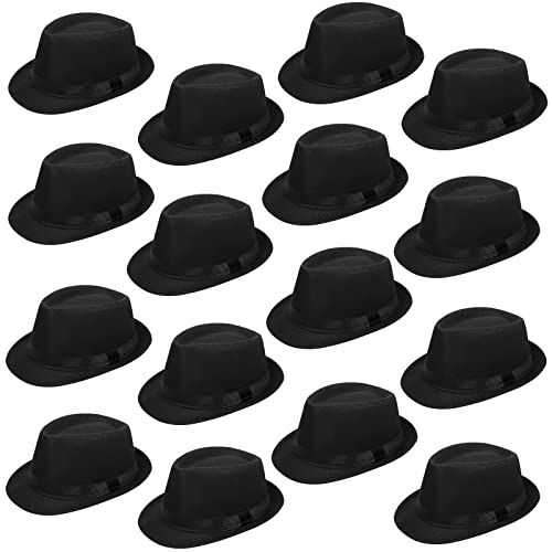 Image of Lasnten 16 Pcs Fedora Style Hat Bulk Men 1920s Gangster Short Brim Panama Cap Women Party Costume, Circumference 60 cm(Black)