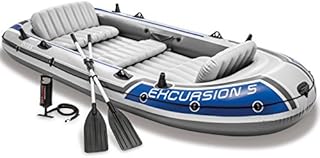 Intex 68325EP Excursion Inflatable 5 Person Heavy Duty Fishing Boat Raft Set with 2 Aluminum Oars & High Output Air-Pump for Lakes & Mild Rivers, Gray
