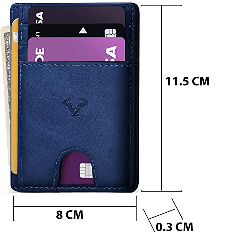 Image of Contacts Genuine Leather Slim Wallet | RFID Blocking Skinny Minimal Thin Front Pocket Wallet Sleeve Card Holder for Men | Up to 7 Card Slots Including 1 ID Window (Blue)