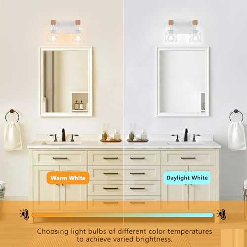 Image of FadimiKoo 2-Light White Bathroom Light Fixtures, Wood Bathroom Vanity Lighting Fixtures Over Mirror, Rustic Sconces Wall Lighting with Elegant Metal Lampshade for Living Room, Bedroom, Hallway