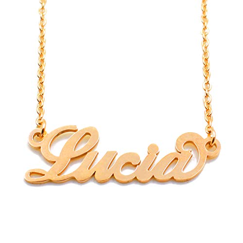 Kigu Lucia Collar con nombre personalizado cadena ajustable, chapado en oro de 18 quilates