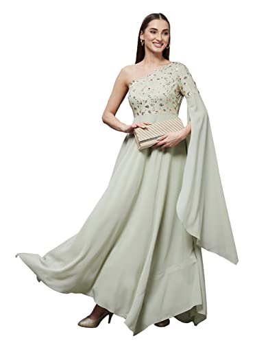 Image of Miss Chase Women's Dusty Green and Golden Solid Embellished Asymmetric Maxi Dress